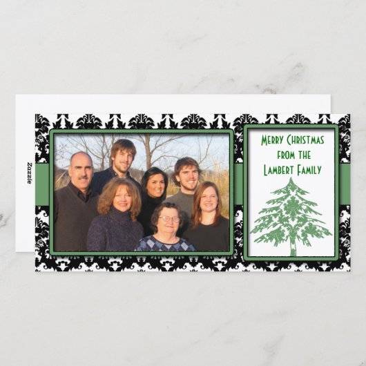 Zwart & Wit Damast Groene Boom Vrolijk Kerstfeest Feestdagenkaart (Voorkant / Achterkant)