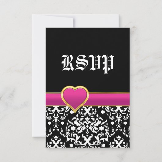 Zwart wit damast hot roze hart bruiloft RSVP (Voorkant)
