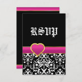 Zwart wit damast hot roze hart bruiloft RSVP (Voorkant / Achterkant)