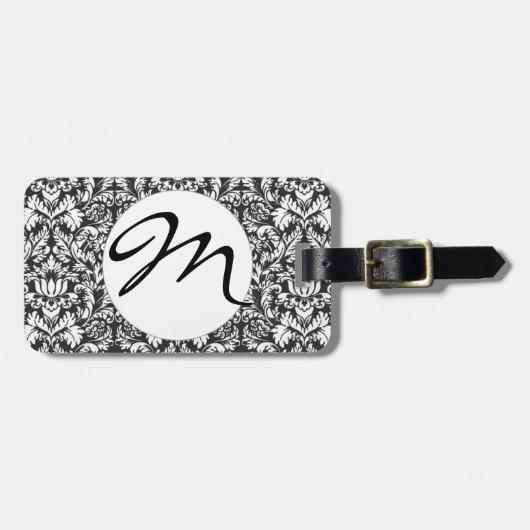 Zwart wit damast kant brokaat bagagelabel (Voorkant horizontaal)