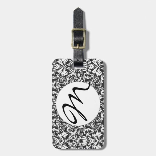 Zwart wit damast kant brokaat bagagelabel (Voorkant verticaal)