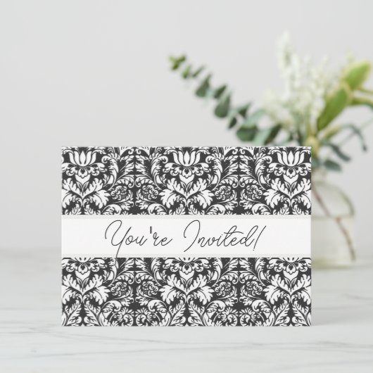 Zwart wit damast kant brokaat kaart (Staand voorkant)