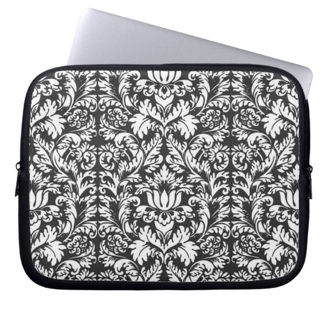 Zwart wit damast kant brokaat laptop sleeve (Voorkant)