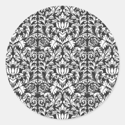 Zwart wit damast kant brokaat ronde sticker (Voorkant)