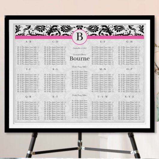 Zwart & Wit Damast Krullen met Heet Roze Afwerking Poster