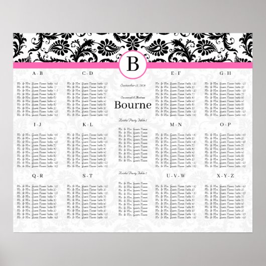 Zwart & Wit Damast Krullen met Heet Roze Afwerking Poster (Voorkant)