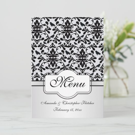 Zwart-wit damast krullen, vogels Menu Uitnodiging (Staand voorkant)