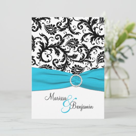 Zwart-wit damast met blauw faux lint kaart (Staand voorkant)