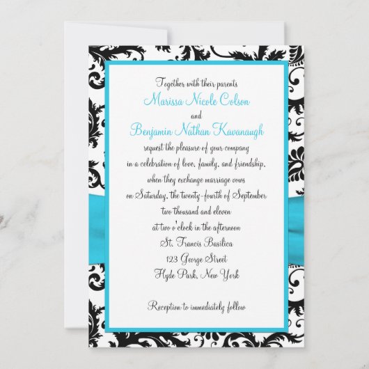 Zwart-wit damast met blauw faux lint kaart (Achterkant)