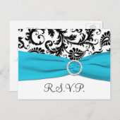 Zwart-wit damast met blauw RSVP-Briefkaart Uitnodiging Briefkaart (Voorkant / Achterkant)