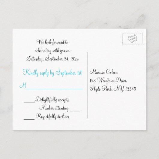 Zwart-wit damast met blauw RSVP-Briefkaart Uitnodiging Briefkaart (Achterkant)