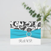 Zwart-wit damast met blauw RSVP-Briefkaart Uitnodiging Briefkaart (Staand voorkant)