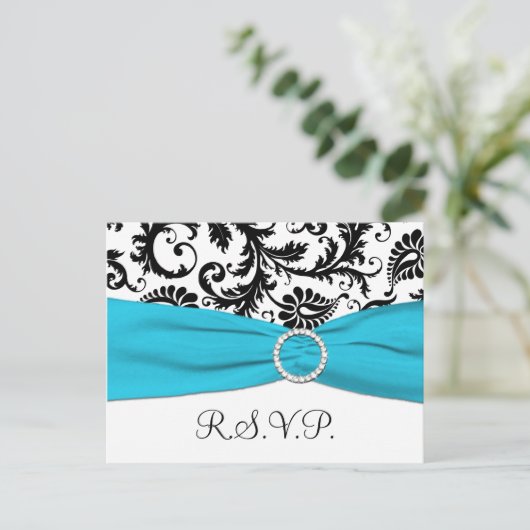 Zwart-wit damast met blauw RSVP-Briefkaart Uitnodiging Briefkaart (Staand voorkant)