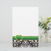 Zwart wit damast met groene band en hart briefpapier (Staand voorkant)