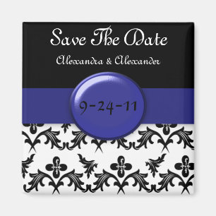 Zwart wit damast met koningsblauw Save The Date Magneet