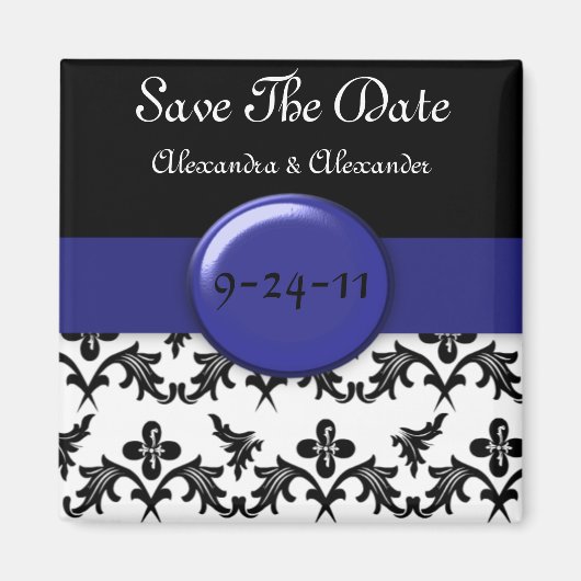 Zwart wit damast met koningsblauw Save The Date Magneet (Voorkant)