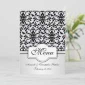 Zwart-wit damast met krullen en vogels Menu Uitnod (Staand voorkant)