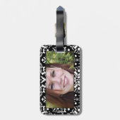 Zwart wit damast met paarse band en hart bagagelabel (Achterkant verticaal)