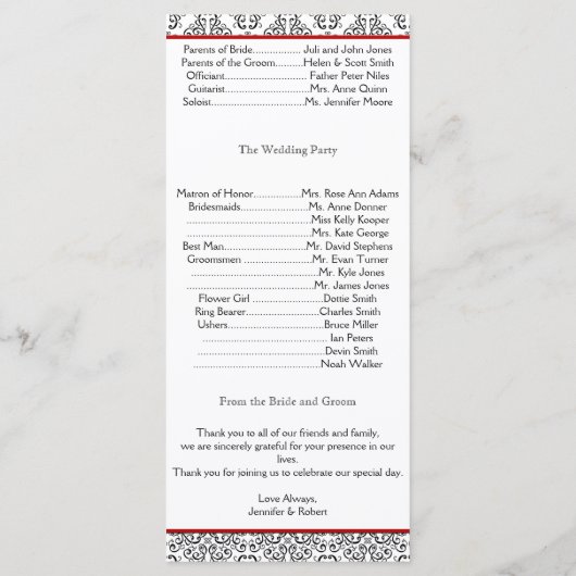 Zwart-wit damast met rode bruiloft programma programmakaart (Achterkant)