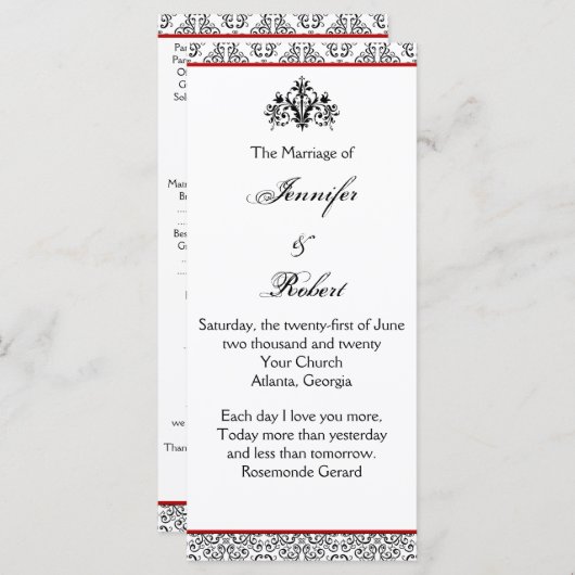 Zwart-wit damast met rode bruiloft programma programmakaart (Voorkant / Achterkant)