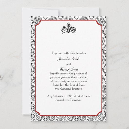 Zwart-wit damast met rode bruiloft uitnodiging (Voorkant)