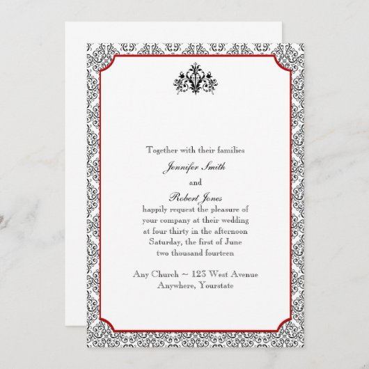 Zwart-wit damast met rode bruiloft uitnodiging (Voorkant / Achterkant)