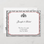 Zwart-wit damast met rood accent RSVP Uitnodiging Briefkaart (Voorkant / Achterkant)