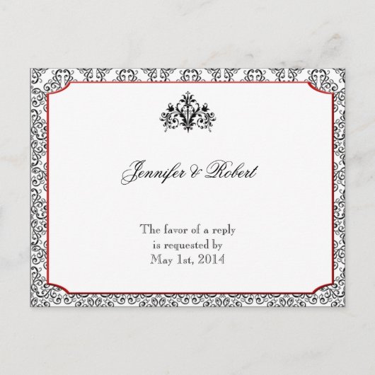 Zwart-wit damast met rood accent RSVP Uitnodiging Briefkaart (Voorkant)