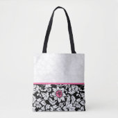 Zwart-wit damast met roze bloem tote bag (Voorkant)