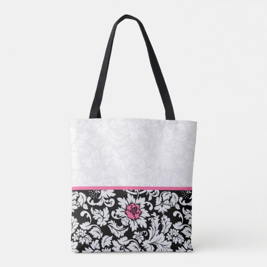 Zwart-wit damast met roze bloem tote bag (Achterkant)