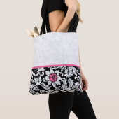 Zwart-wit damast met roze bloem tote bag (Dichtbij)
