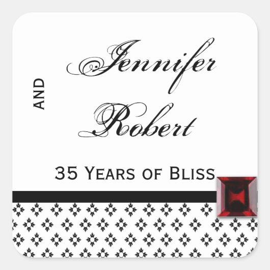 Zwart-wit Damast met Ruby Envelope Seal Vierkante Sticker (Voorkant)