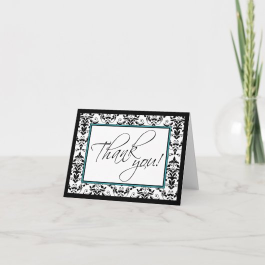 Zwart & wit damast met turquoise bedankkaart (Voorkant)