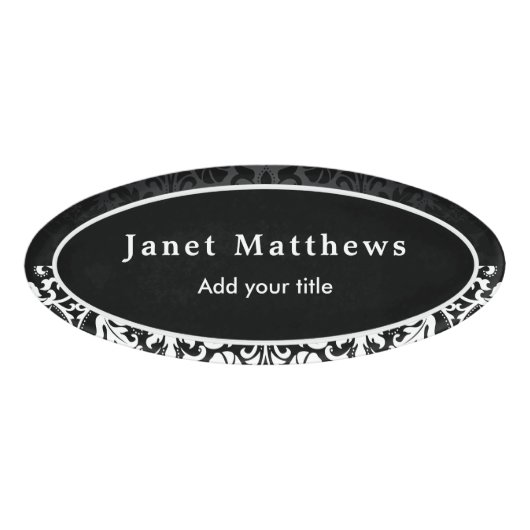 Zwart-wit damast met wit versieringsontwerp naambadge (Voorkant)