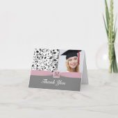 Zwart wit damast monogram Afstuderen Fotokaart Bedankkaart (Voorkant)