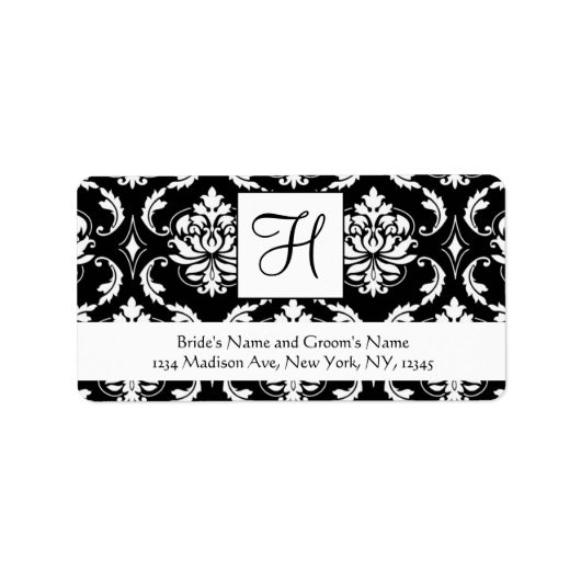 Zwart Wit Damast Monogram Bruiloft Adresetiketten Etiket (Voorkant)