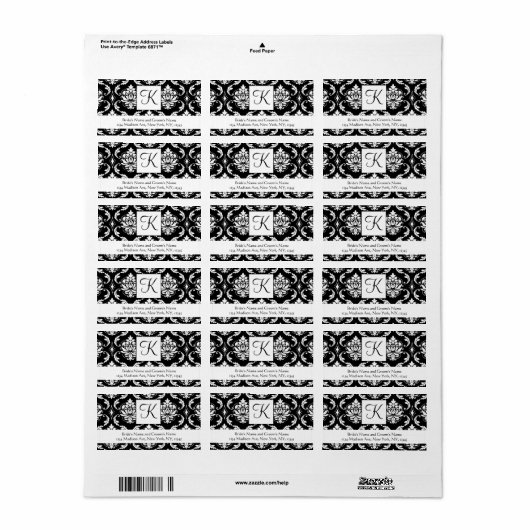 Zwart Wit Damast Monogram Bruiloft Adresetiketten Etiket (Full Sheet)