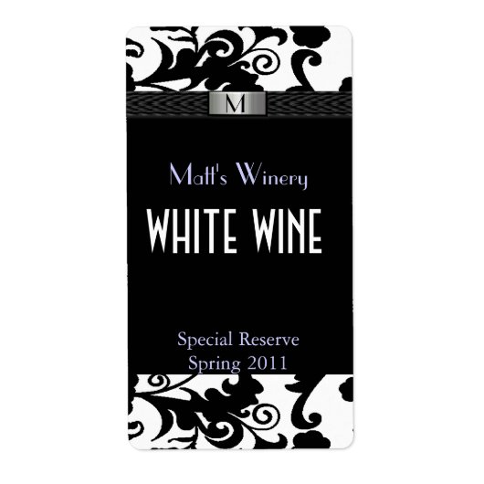 Zwart-wit Damast Monogram Bruiloft Labels (Voorkant)