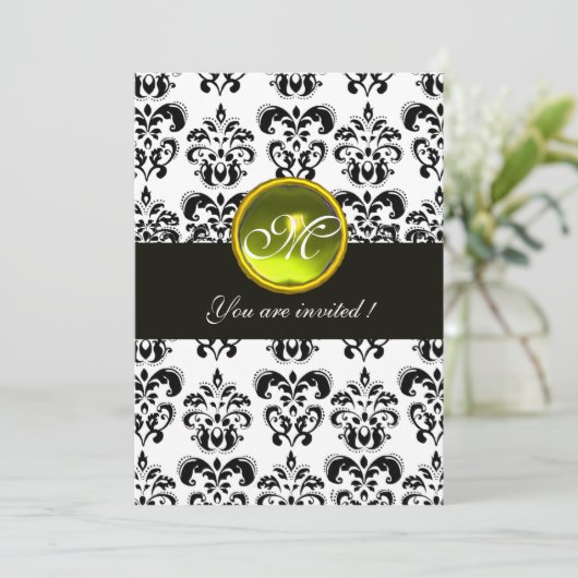 ZWART-WIT DAMAST MONOGRAM, gele topaas Kaart (Staand voorkant)