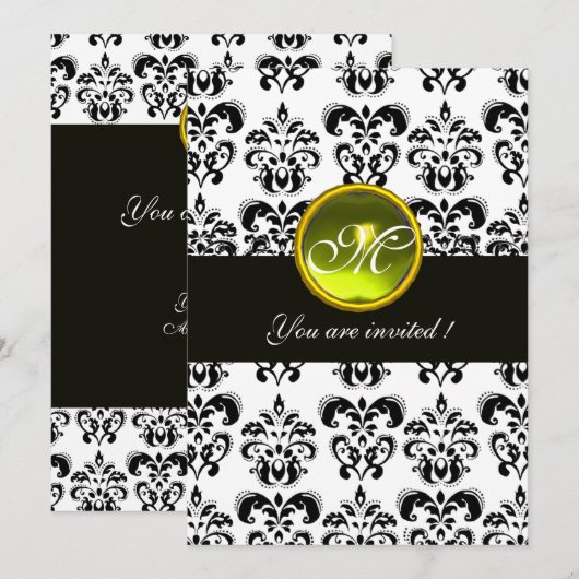 ZWART-WIT DAMAST MONOGRAM, gele topaas Kaart (Voorkant / Achterkant)