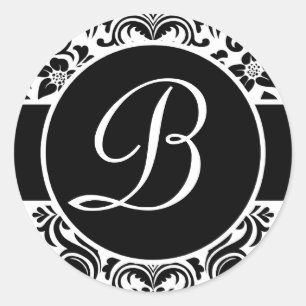 Zwart-wit Damast Monogrammed Envelope Seals Ronde Sticker