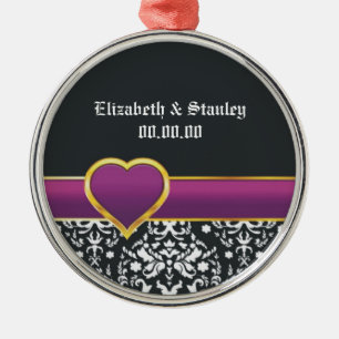 Zwart wit damast paars hart Save the Date Metalen Ornament