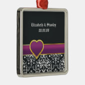 Zwart wit damast paars hart Save the Date Metalen Ornament (Rechts)