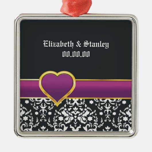 Zwart wit damast paars hart Save the Date Metalen Ornament (Voorkant)
