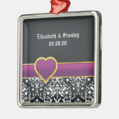 Zwart wit damast paars hart Save the Date Metalen Ornament (Links)