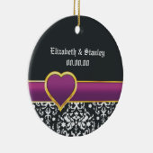 Zwart wit damast paarse hart Save the Date Keramisch Ornament (Rechts)