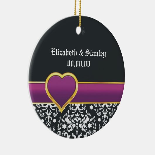 Zwart wit damast paarse hart Save the Date Keramisch Ornament (Rechts)