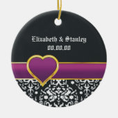 Zwart wit damast paarse hart Save the Date Keramisch Ornament (Voorkant)