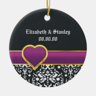 Zwart wit damast paarse hart Save the Date Keramisch Ornament