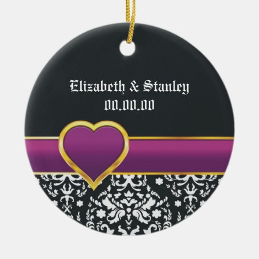 Zwart wit damast paarse hart Save the Date Keramisch Ornament (Voorkant)
